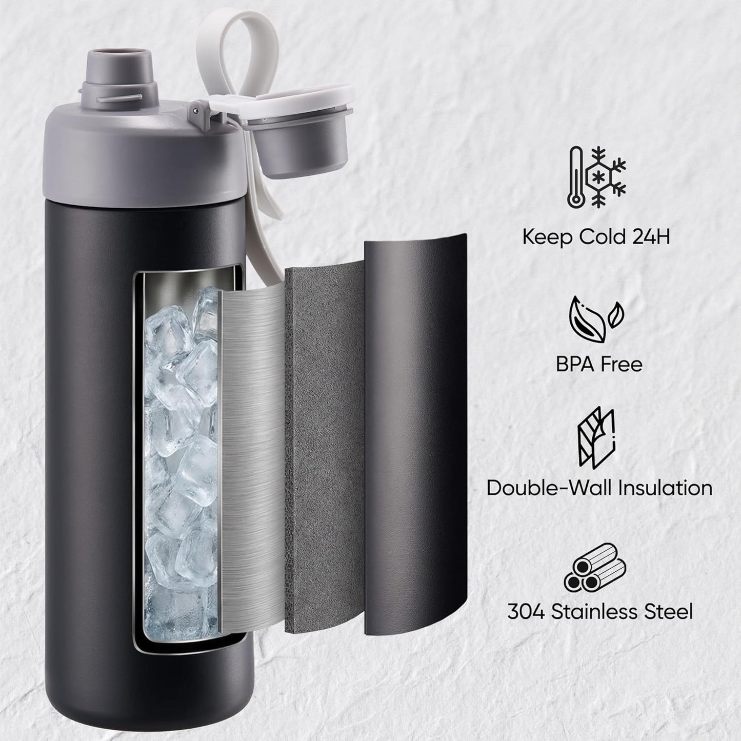 Fijinhom 18 oz Insulated Water Bottle with Handle, 304 Stainless Steel Double Wall Vacuum, Keep 24H Cold, Leak Proof, BPA-Free,with Lid & Non-Slip Bottom for Outdoor, Sports, Work, Travel (Black)