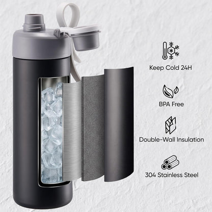 Fijinhom 18 oz Insulated Water Bottle with Handle, 304 Stainless Steel Double Wall Vacuum, Keep 24H Cold, Leak Proof, BPA-Free,with Lid & Non-Slip Bottom for Outdoor, Sports, Work, Travel (Black)
