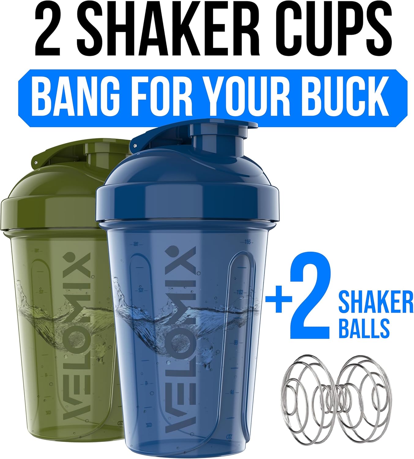 VELOMIX -2 Pack- 20 oz Protein Shaker Bottles for Protein Mixes - 2x Wire Whisk | Leak Proof Shaker Cups for Protein Shakes and Pre Workout | Protein Shaker Bottle Pack (Black/Transparent)