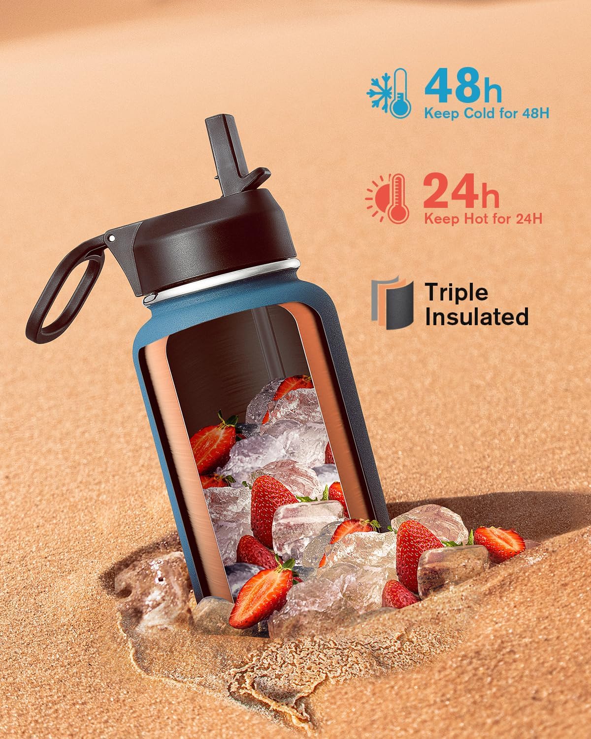 Half Gallon Water Bottle Insulated with Straw & 3 Lids, Coolflask 64 oz Water Jug Large Metal Stainless Steel Wide Mouth for Sports, Gym or Office, Non-BPA Keep Cold 48H Hot 24H, Samurai Cyan