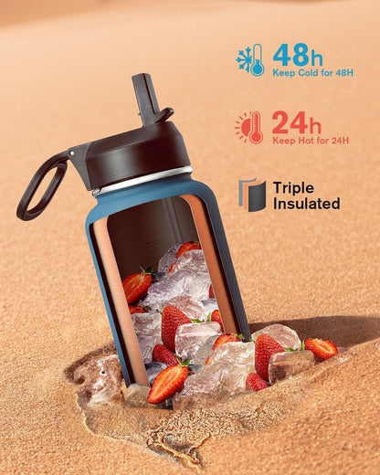 Half Gallon Water Bottle Insulated with Straw & 3 Lids, Coolflask 64 oz Water Jug Large Metal Stainless Steel Wide Mouth for Sports, Gym or Office, Non-BPA Keep Cold 48H Hot 24H, Samurai Cyan