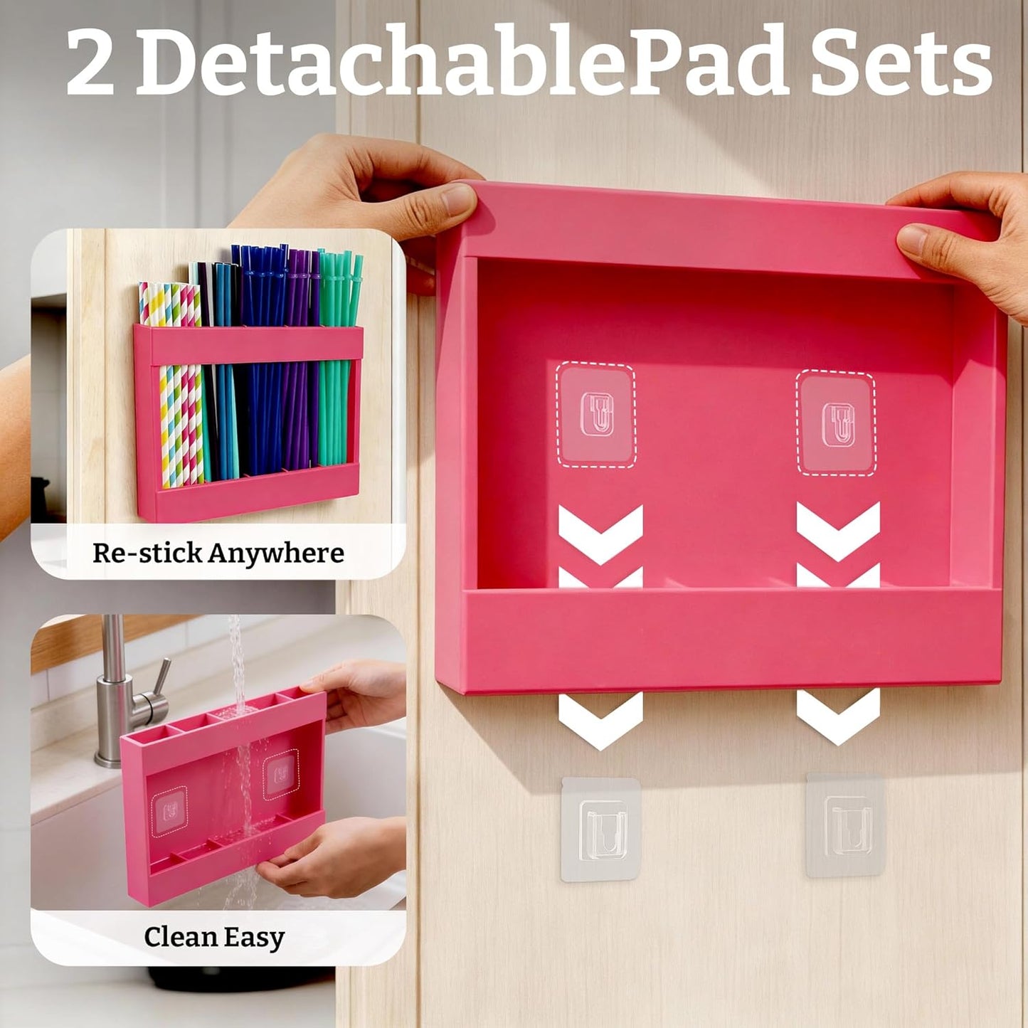 9.5” Large Acrylic Straw Holder for Cabinet Door with Detachable Ultra Sticky Adhesive Squares and Stickers, 2026 Reusable Straws Organizer Storage Dispenser for Kitchen Counter Cupboard