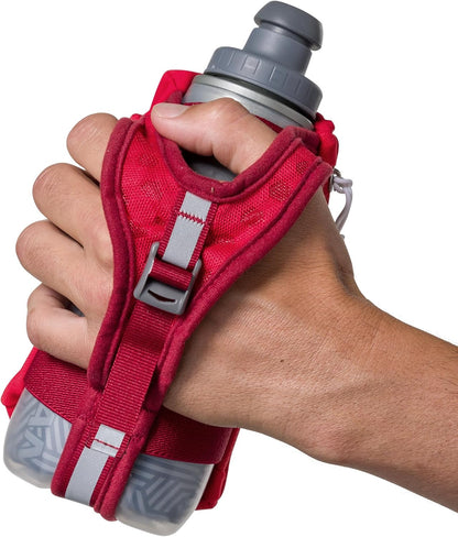 Nathan SpeedDraw 2 Insulated Handheld Running Water Bottle Flask 18oz – Double-Wall Insulation, Ergonomic Grip, Blast Valve Cap, Phone & Key Storage Pockets, Reflective Design
