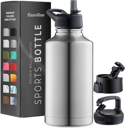 FineDine Water Bottle - Stainless Steel Insulated Water Bottle with Straw Lid, Flip Lid & Wide-Mouth Cap - Keeps Hot and Cold - 25 Oz / 739ml - Dreamy Purple