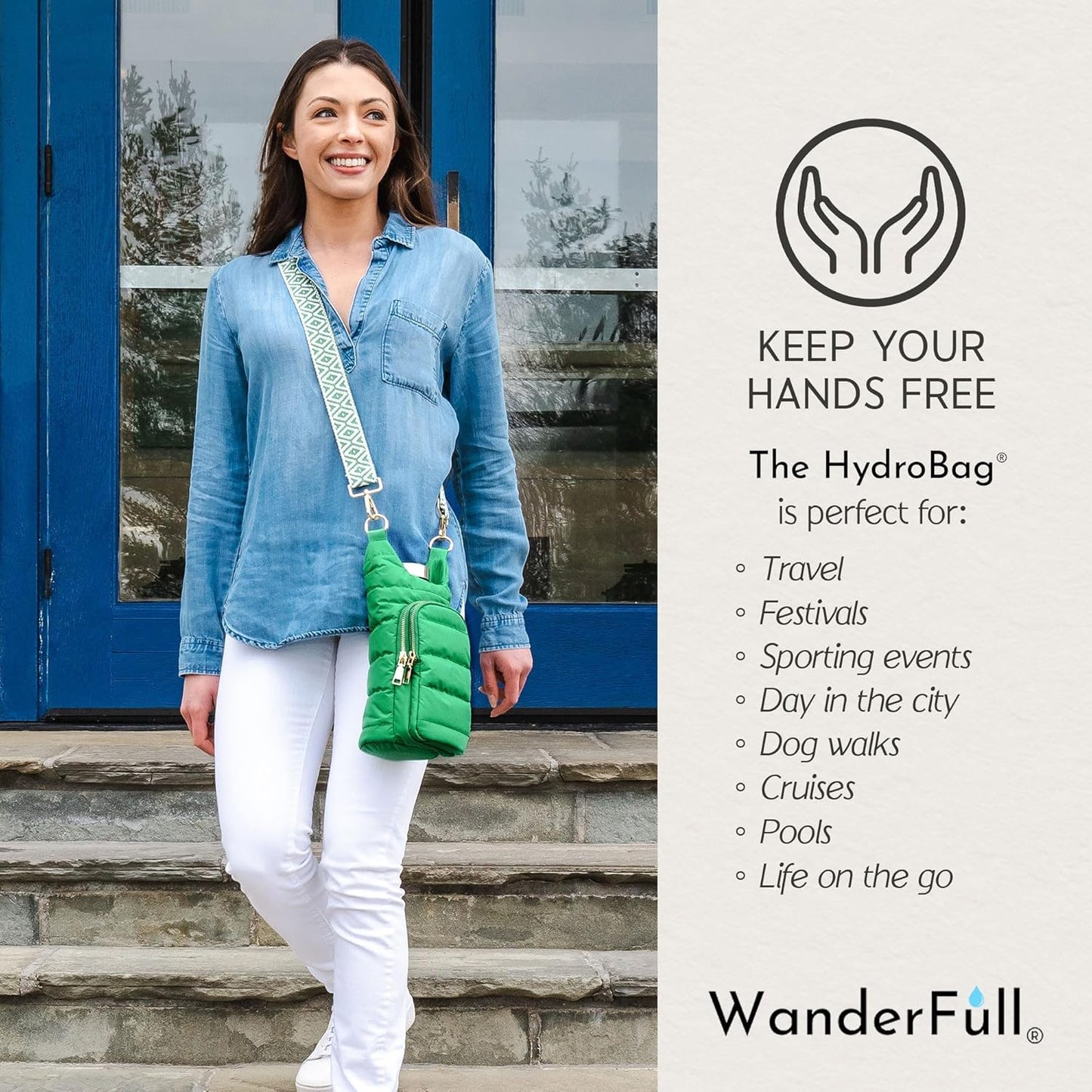 WanderFull Original HydroBag Fits Up to 32 oz Water Bottle Holder with Strap – Hands-Free Crossbody Water Bottle Carrier Bag with Phone Pocket - Colors B