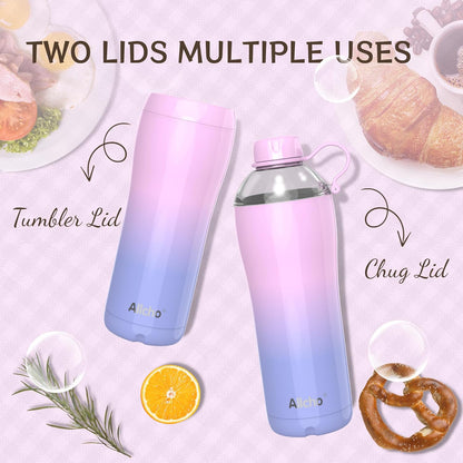 Allcho Insulated Water Bottle for Women, 18oz Stainless Steel Leak Proof Tumbler with 2 Lids, BPA-Free Tritan Chug & Straw Lid, Double Wall Vacuum Flask