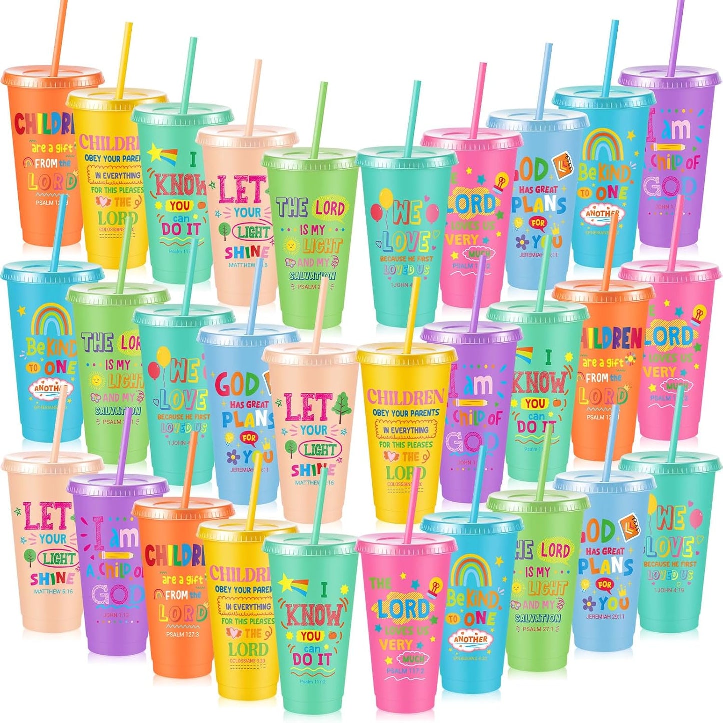 Uiifan 10 Pcs Christian Tumblers with Straws for Kids, Bible Verse Cups for VBS, Sunday School, Church Party Favors and Faith Gifts, Reusable Plastic Tumblers with Lids, 24 oz, White