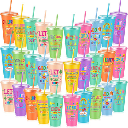 Uiifan 10 Pcs Christian Tumblers with Straws for Kids, Bible Verse Cups for VBS, Sunday School, Church Party Favors and Faith Gifts, Reusable Plastic Tumblers with Lids, 24 oz, White