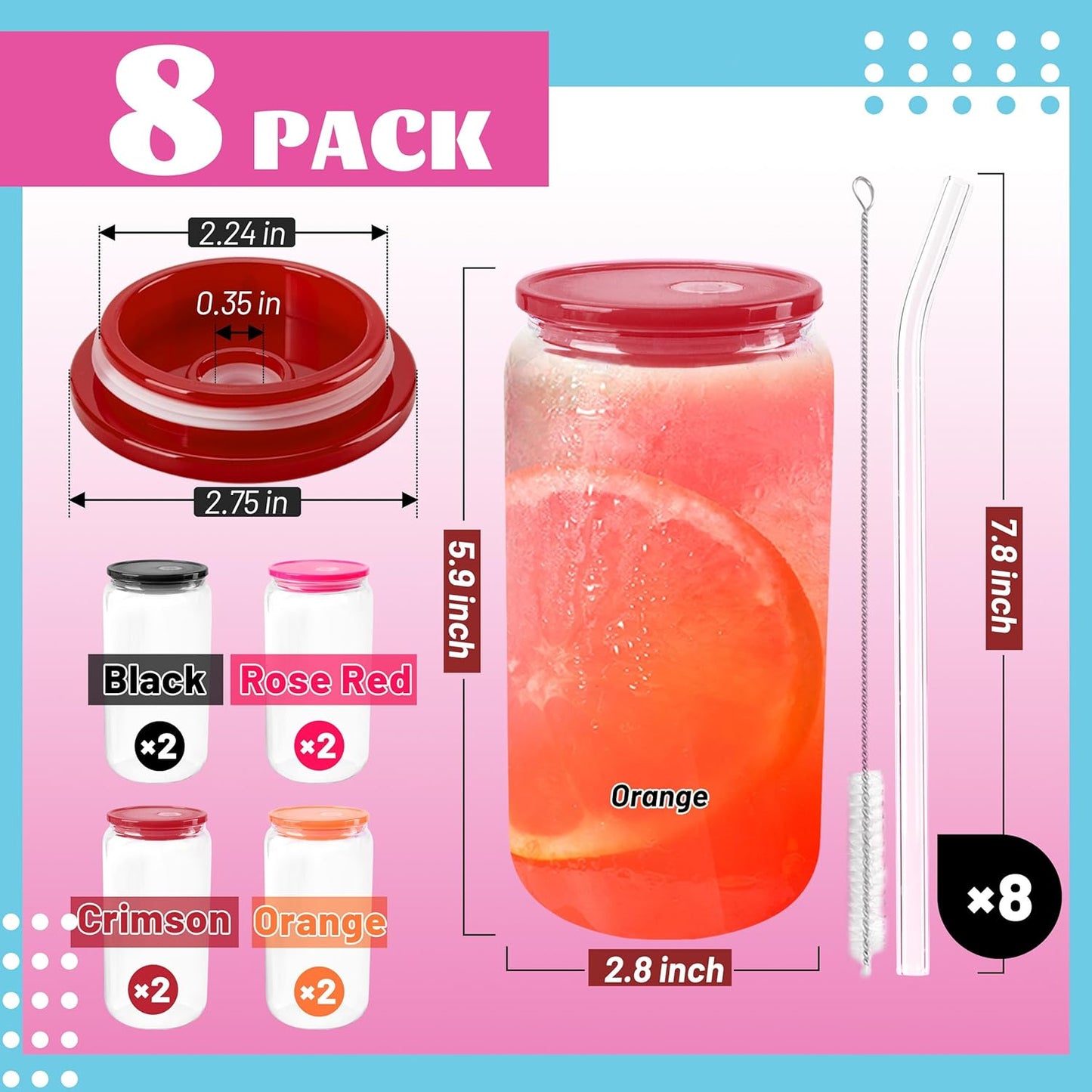 Joyclub 8pcs 16 oz Glass Cups with Acrylic Lids and Straws Can Shaped Iced Coffee Glasses Cute Tumbler Set Drinking Jars for Smoothie Soda Boba Beer Party Housewarming Gifts