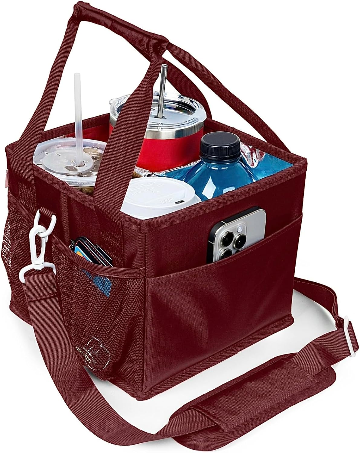 Reusable Drink Carrier with Handle – Tip-Resistant 4 Cup Carrier with Shoulder Strap for Delivery – Insulated, Foldable, Adjustable Dividers – Portable Caddy Tote Bag, Drink Holder for Car