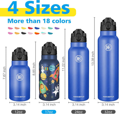 Han's Bottle Sports Water Bottle - 24 Oz, Straw Lid, Leak Proof, Vacuum Insulated Stainless Steel, Double Walled, Thermo Mug,Black