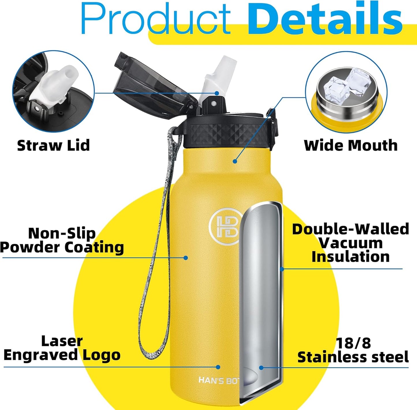 Han's Bottle Sports Water Bottle - 24 Oz, Straw Lid, Leak Proof, Vacuum Insulated Stainless Steel, Double Walled, Thermo Mug,Black