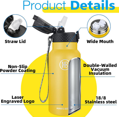 Han's Bottle Sports Water Bottle - 24 Oz, Straw Lid, Leak Proof, Vacuum Insulated Stainless Steel, Double Walled, Thermo Mug,Black