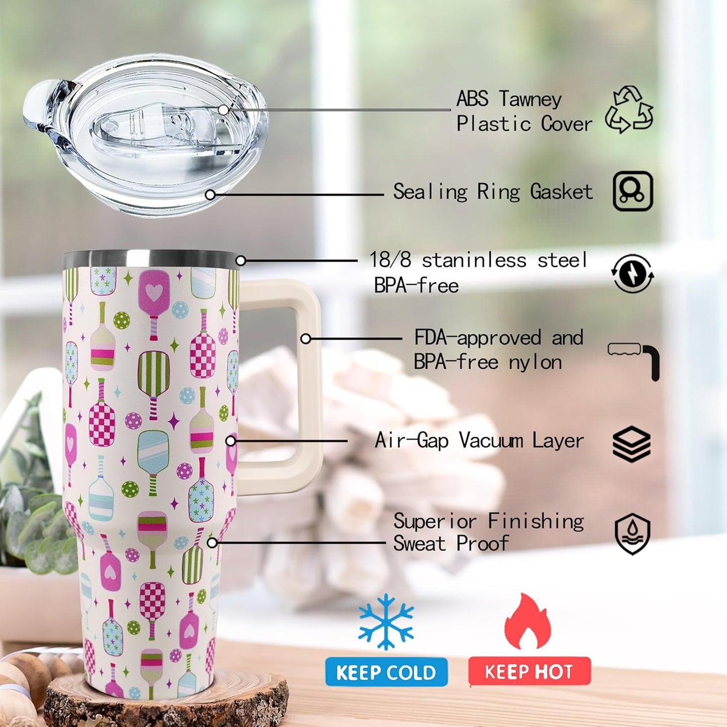 Ceovfoi 40 oz Pickleball Coffee Mug Vacuum Insulated Travel Tumbler with Handle, Lid & Straw - Perfect Pickleball Gifts for Players, Coaches, Lovers | Pickleball Accessories