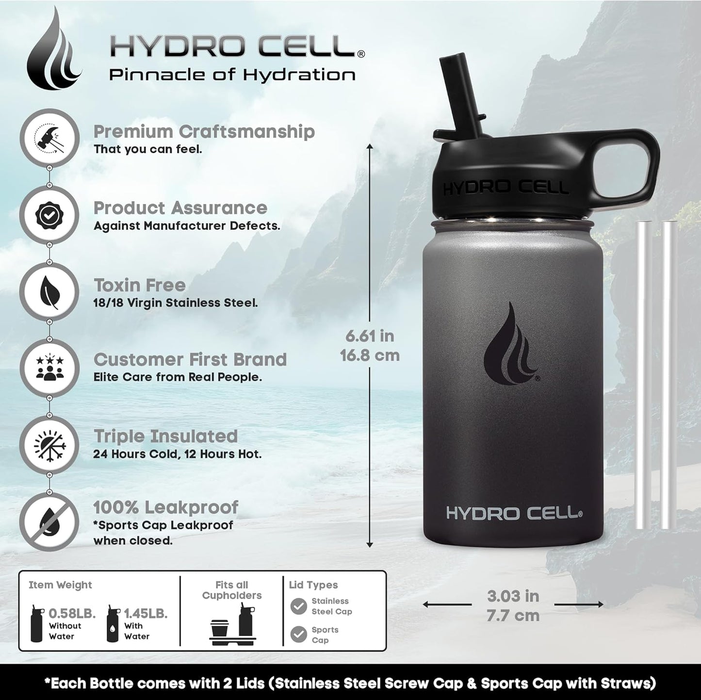 HYDRO CELL Stainless Steel Insulated Water Bottle with Straw - For Cold & Hot Drinks - Metal Vacuum Flask with Screw Cap and Modern Leakproof Sport Thermos for Adults (Neon 18oz)