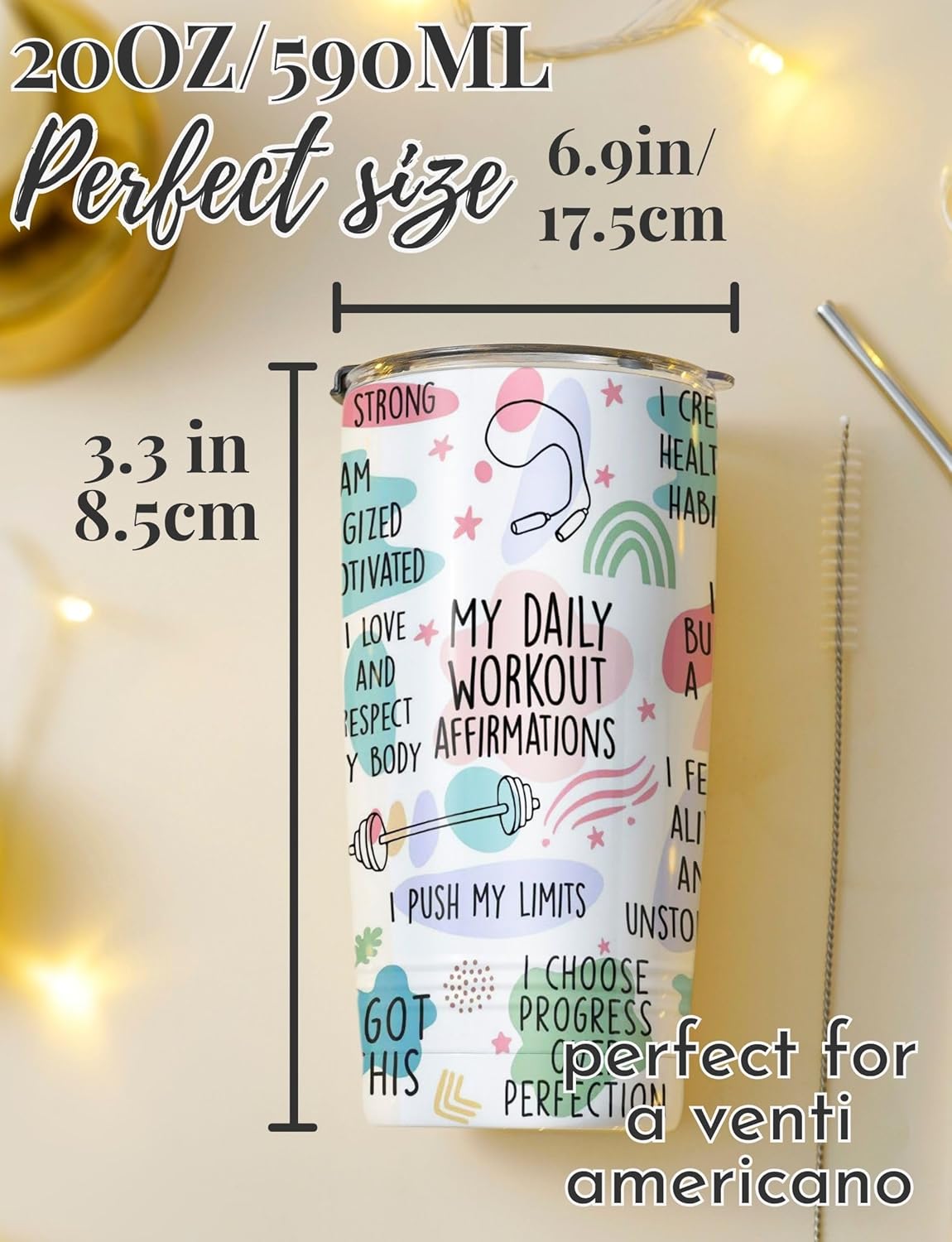 Onebttl Workout Fitness Gym Gifts for Women, 20oz Stainless Steel Tumbler with Lid Straw, Exercise Gift for Her, Friends for Birthday, Christmas - My Daily Affirmations