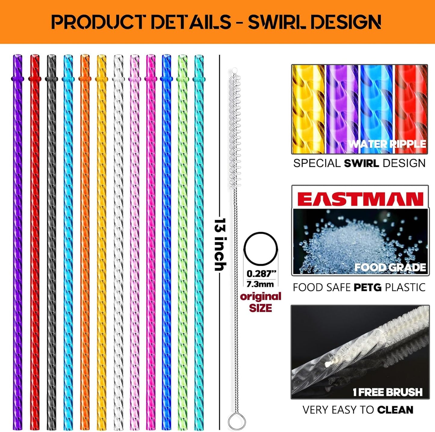 ALINK 12-Pack Reusable Plastic Coloful Swirl Straws, 11 Inch Long PETG Clear Hard Plastic Tumbler Replacement Straws with Brush, BPA-Free, for 16–30 oz Stanley, YETI, Starbucks, Mason Jars, Owala Cups