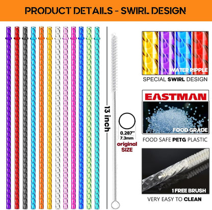 ALINK 12-Pack Reusable Plastic Coloful Swirl Straws, 11 Inch Long PETG Clear Hard Plastic Tumbler Replacement Straws with Brush, BPA-Free, for 16–30 oz Stanley, YETI, Starbucks, Mason Jars, Owala Cups