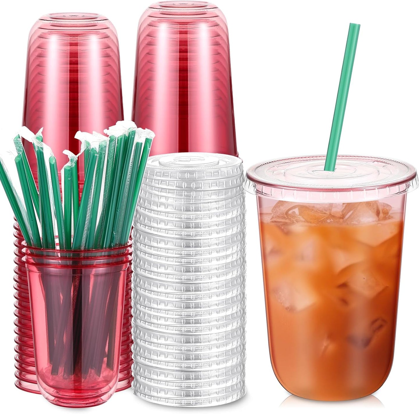 Baderke 25 Set Plastic Cups with Lids and Straws, Disposable Plastic Iced Coffee Cup for Cold Beverage Juice Smoothie Crystal for Coffee Shops Party Catering(Clear,16 oz)