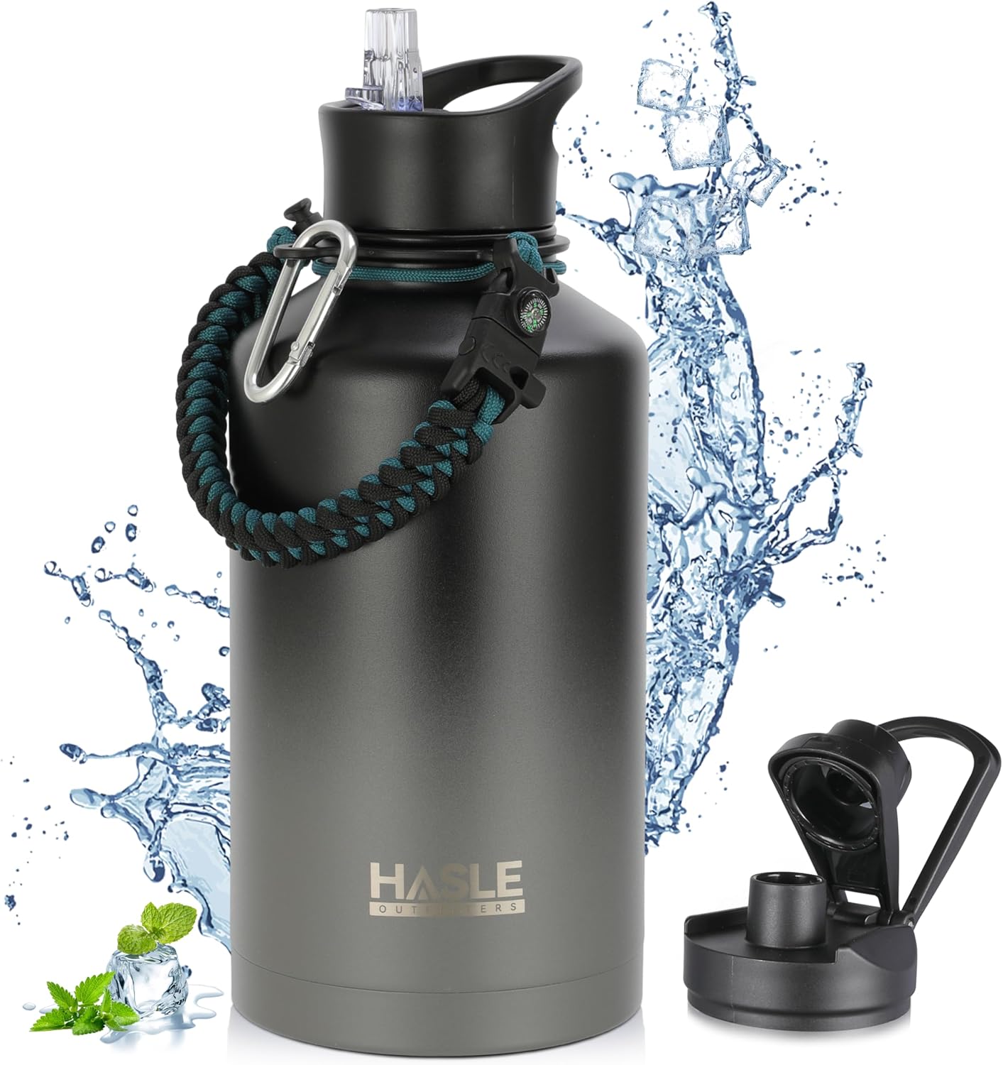 HASLE OUTFITTERS 32 oz Insulated Water Bottle Stainless Steel Double Walled Vacuum Sports Water Bottle with 2 Lids (Straw and Spout Lid) for Gym Camping Hiking(Black,1)