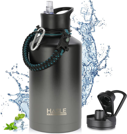 HASLE OUTFITTERS 32 oz Insulated Water Bottle Stainless Steel Double Walled Vacuum Sports Water Bottle with 2 Lids (Straw and Spout Lid) for Gym Camping Hiking(Black,1)