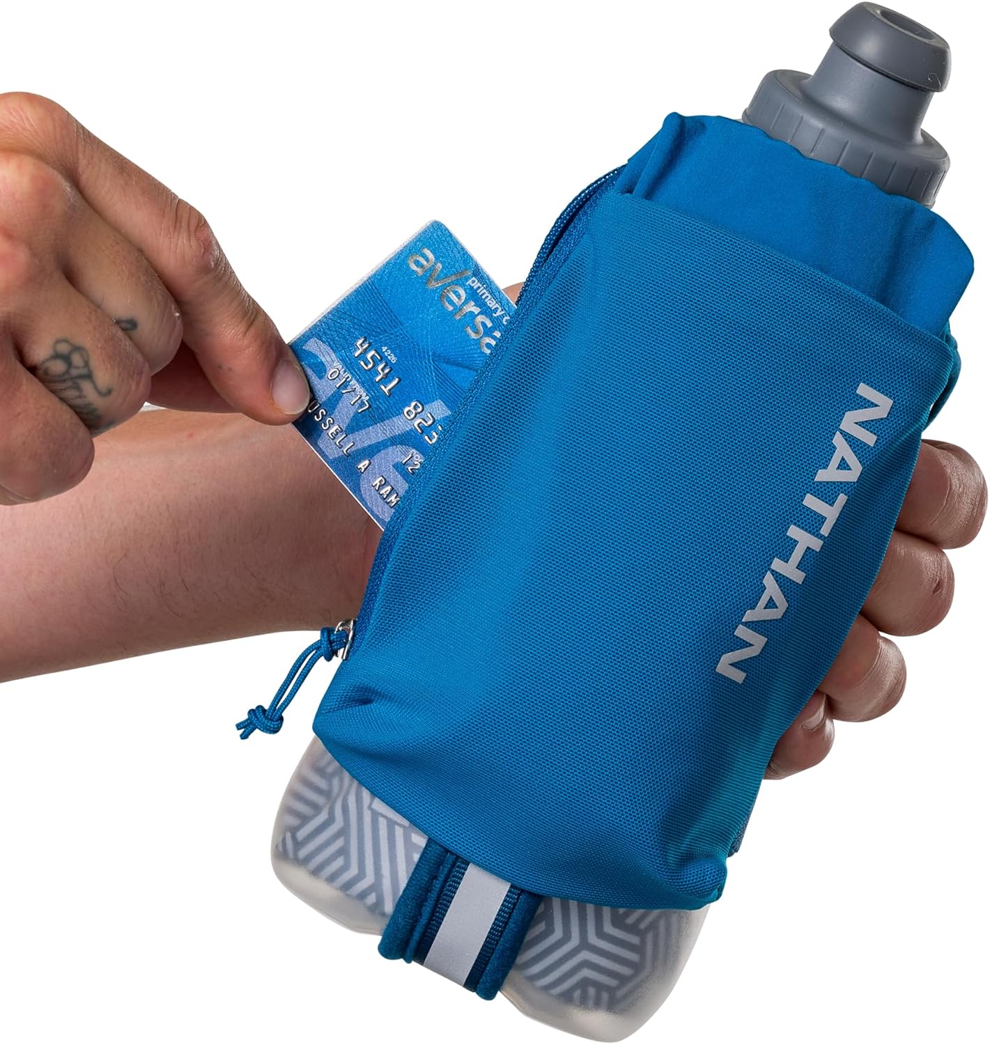 Nathan SpeedDraw 2 Insulated Handheld Running Water Bottle Flask 18oz – Double-Wall Insulation, Ergonomic Grip, Blast Valve Cap, Phone & Key Storage Pockets, Reflective Design