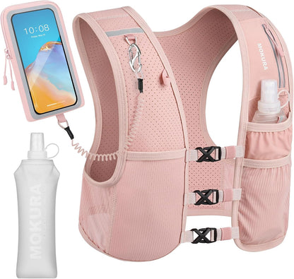 MOKURA Running Vest for Women Men, Lightweight Hydration Vest with 500ML Soft Flask & Phone Holder, Reflective Running Backpack, Adjustable Run Pack Water Bottle, Runner Marathon Essentials