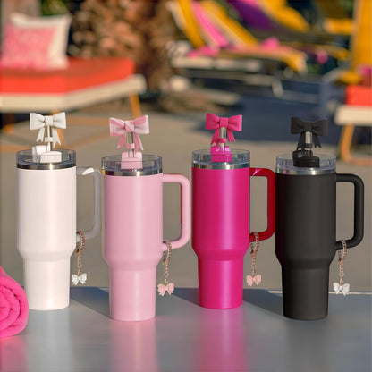 Compatible with Stanley Cup Accessories - 3Pcs 10mm Bow Straw Topper Compatible with Stanley Cup Straw Cover Cap, 2pcs Pink Bow Charms for Stanley 30&40 Oz Tumbler with Handle