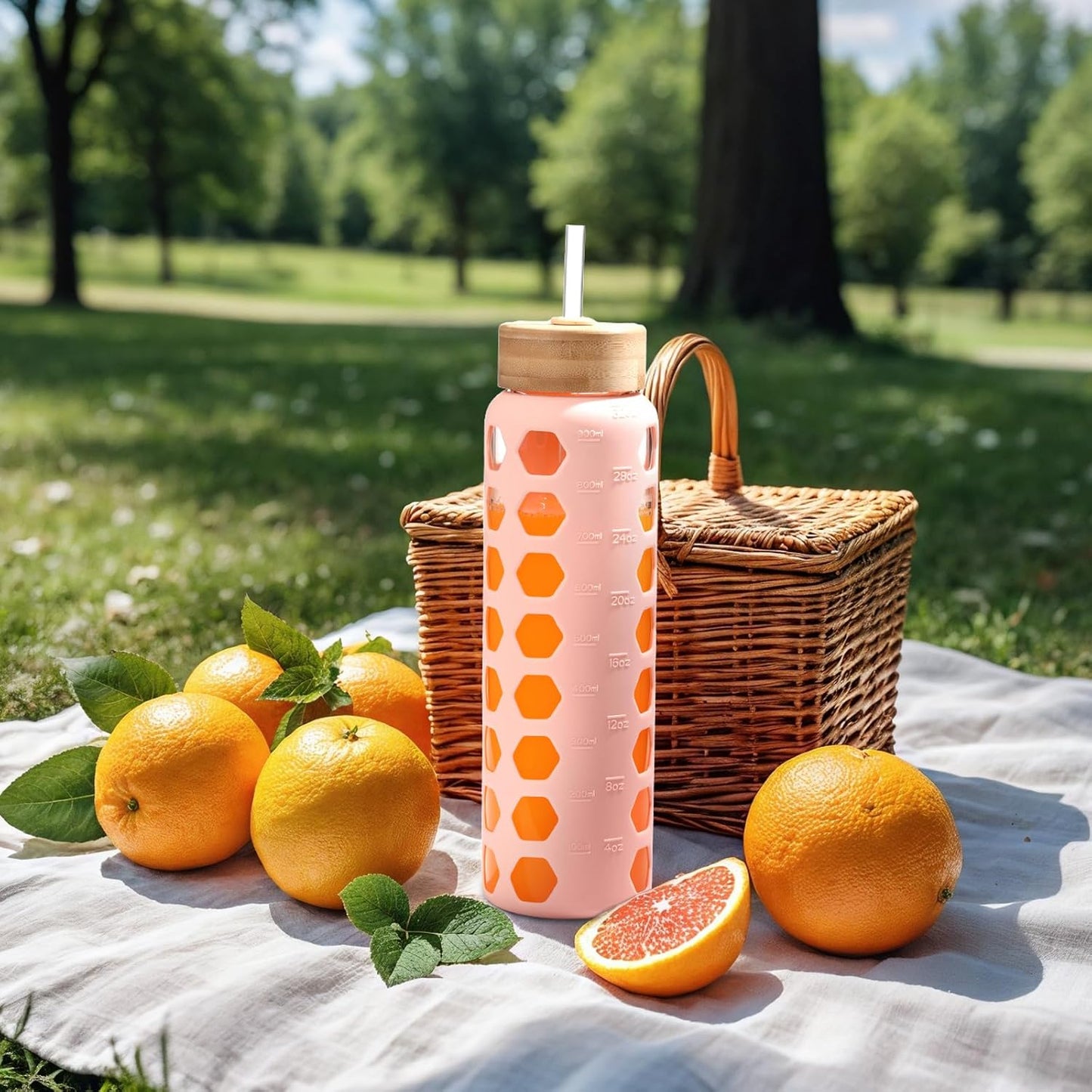MUKOKO Glass Water Bottles, 32oz Glass Tumbler with Straw, Drinking Bottles with 2 Lids-Handle Spout Lid&Bamboo Straw Lid, Motivational Water Bottle with Time Marker and Silicone Sleeve, 1 Pack-Olive