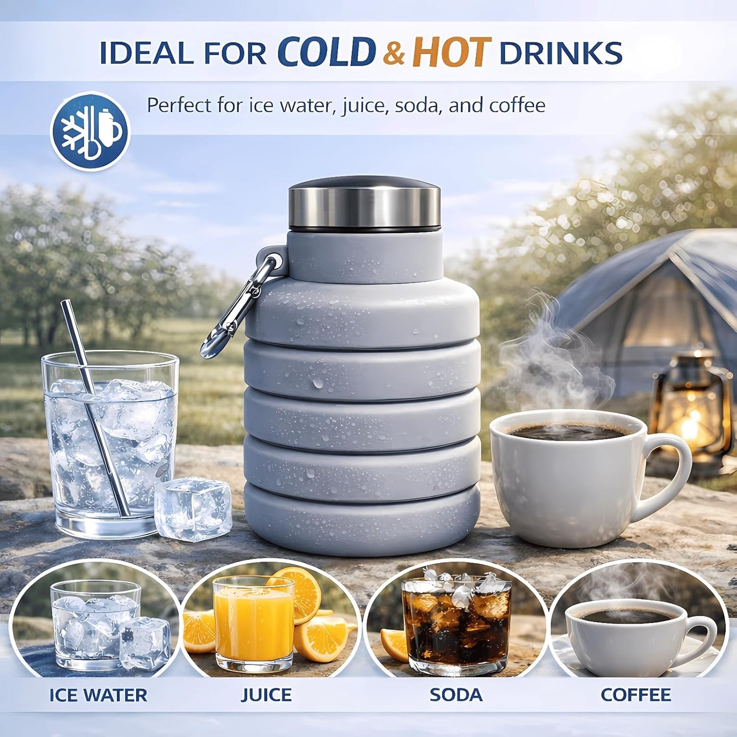 Collapsible Water Bottles,16oz Capacity Portable Reusable Silicone Water Bottle,Leak-proof,with buckle,foldable storage,Lightweight Durable for Fitness,Cycling,Sports,Camping,Hiking (Deep Black)