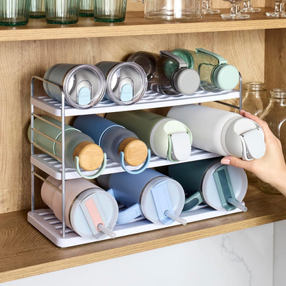 YouCopia UpSpace Water Bottle and Travel Mug Cabinet Organizer, Adjustable Storage Rack for Kitchen Organization, 3-Shelf