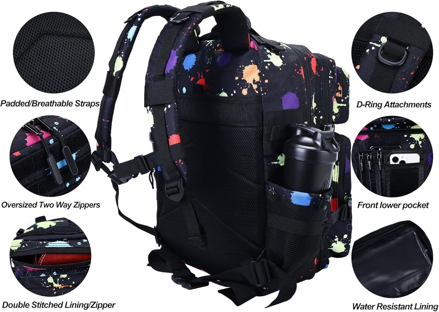 LHI Military Tactical Backpack for Men and Women 45L Army 3 Days Assault Pack Bag Large Rucksack with Molle System - Black - Colors A