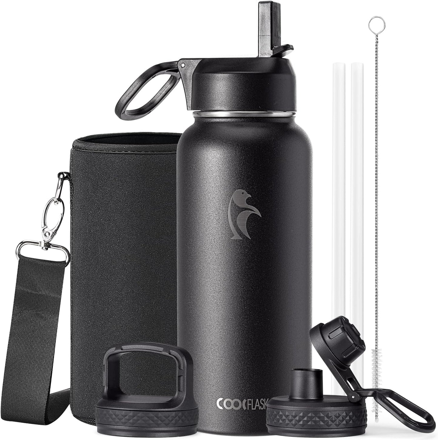 Half Gallon Water Bottle Insulated with Straw & 3 Lids, Coolflask 64 oz Water Jug Large Metal Stainless Steel Wide Mouth for Sports, Gym or Office, Non-BPA Keep Cold 48H Hot 24H, Samurai Cyan