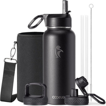 Half Gallon Water Bottle Insulated with Straw & 3 Lids, Coolflask 64 oz Water Jug Large Metal Stainless Steel Wide Mouth for Sports, Gym or Office, Non-BPA Keep Cold 48H Hot 24H, Samurai Cyan