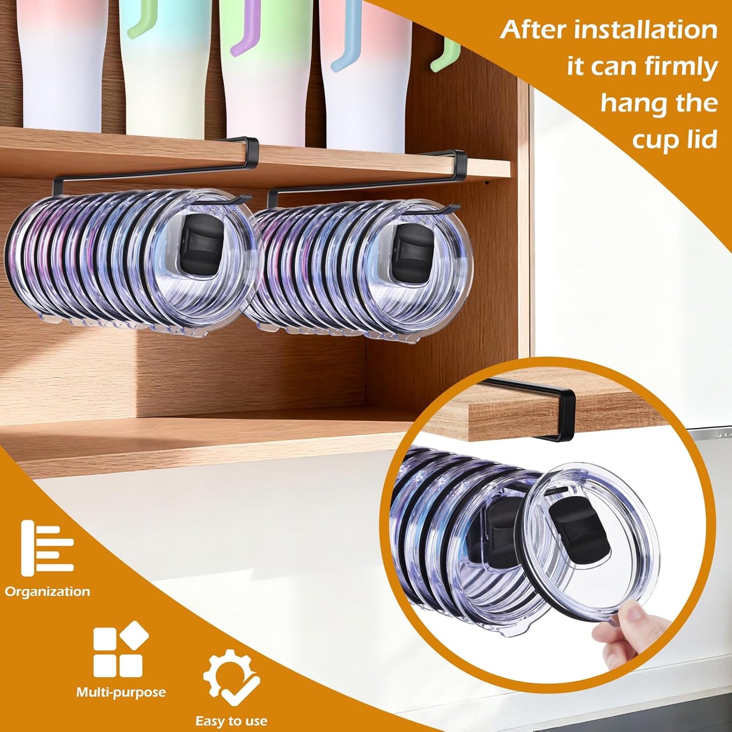 LWGFIO 2Pack Tumbler Lid Organizer, Kitchen Space-Saving Cup Holder, Organizers for Under Cabinet Storage, No Glue or Drilling Required (Black)
