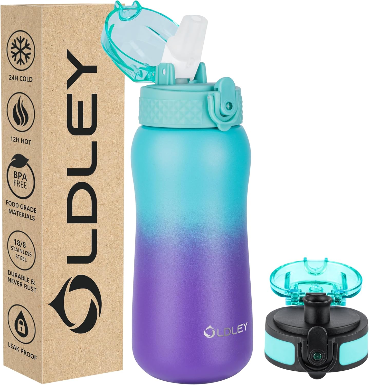 Oldley Insulated Water Bottle 20oz for Adults Kids Stainless Steel Water Bottles with Straw/Chug/Carabiner 3 Lids Fruit Strainer Double Wall Vacuum Wide Mouth BPA Free Leak-Proof for School Travel