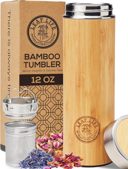 LeafLife Premium Bamboo Tea Bottle for Loose Tea - Tea Infuser Bottle - Tea Gifts - Insulated Water Bottle/Coffee Tumbler/Tea - Tea Gift Set, Tea Accessories - Tea Tumbler 17oz