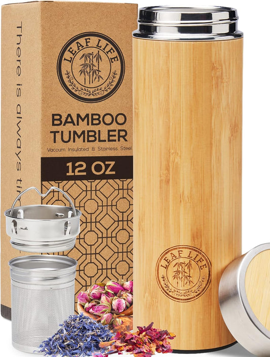 LeafLife Premium Bamboo Tea Bottle for Loose Tea - Tea Infuser Bottle - Tea Gifts - Insulated Water Bottle/Coffee Tumbler/Tea - Tea Gift Set, Tea Accessories - Tea Tumbler 17oz
