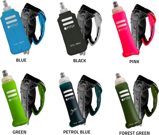 FITLY Running Handheld Water Bottle 12 oz Soft Flask - Hand Water Bottle For Runners, Hiking, Skiing & Outdoor Activity - Fits F2, F2, F3 & F4 Collapsible Flask - Hydration Holder with Pocket