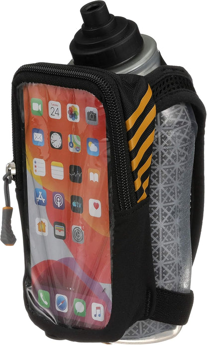 Nathan SpeedDraw 2 Insulated Handheld Running Water Bottle Flask 18oz – Double-Wall Insulation, Ergonomic Grip, Blast Valve Cap, Phone & Key Storage Pockets, Reflective Design