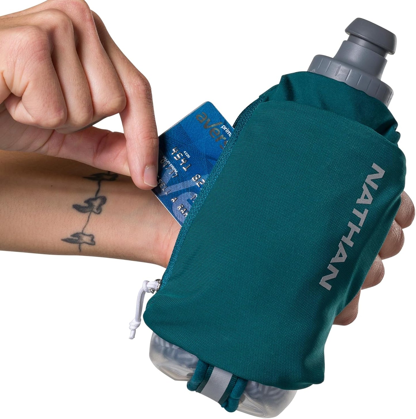 Nathan SpeedDraw 2 Insulated Handheld Running Water Bottle Flask 18oz – Double-Wall Insulation, Ergonomic Grip, Blast Valve Cap, Phone & Key Storage Pockets, Reflective Design