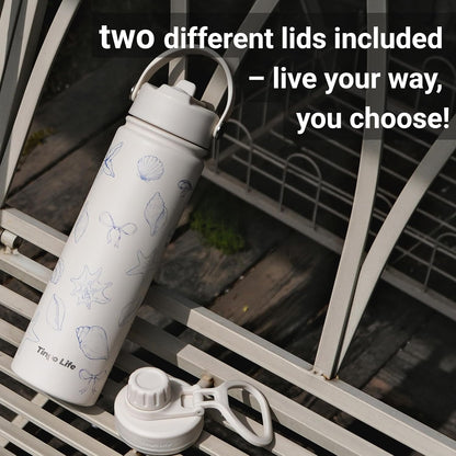 25oz Insulated Stainless Steel Aesthetic Cute Water Bottle - 2 Lids Included (Straw + Sport Handle), Leakproof BPA-Free, Dreamy Cream Cute Floral Design, Perfect Gym/Yoga/Office Companion