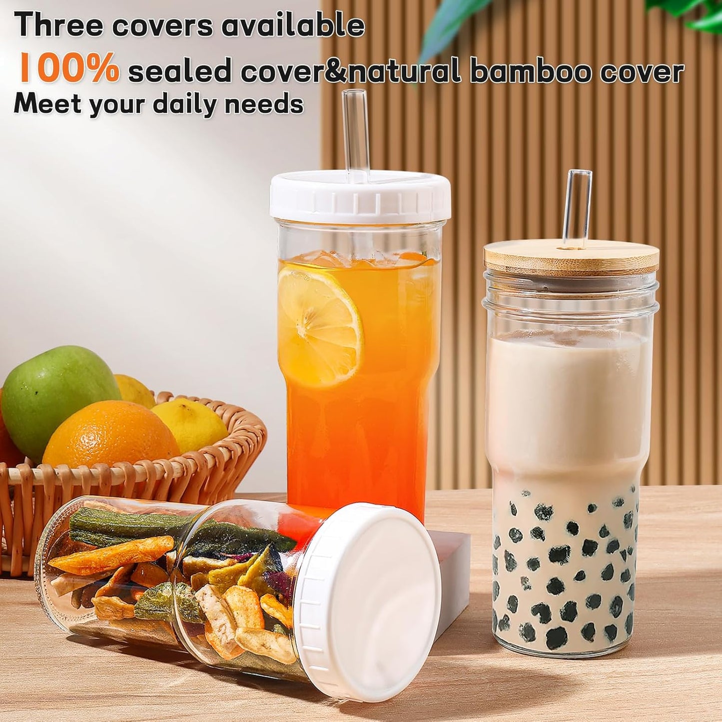 DWTS DANWEITESI Glass Cups with Lids and Straws,24 oz Smoothie Cup with Lid and Straw-Boba Mason Jar,Matcha Cup Wide Mouth Reusable Drinking Glasses,Iced Coffee Cups Glass,Vasos De Vidrio【4 Pack】