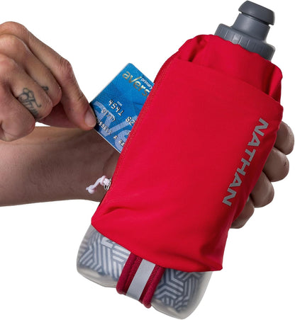 Nathan SpeedDraw 2 Insulated Handheld Running Water Bottle Flask 18oz – Double-Wall Insulation, Ergonomic Grip, Blast Valve Cap, Phone & Key Storage Pockets, Reflective Design