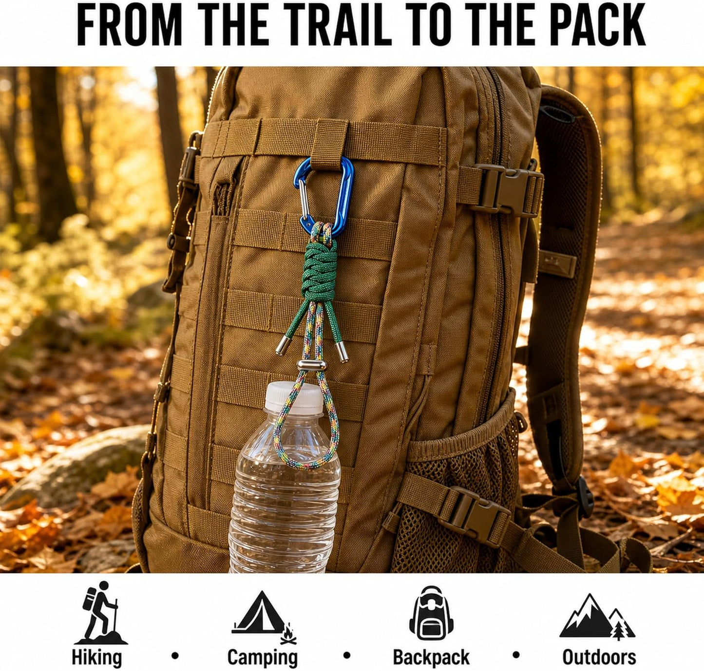 2 Pack Water Bottle Holder with Paracord Carabiner Clip, Adjustable Cinch Lanyard for Backpack Hiking Camping