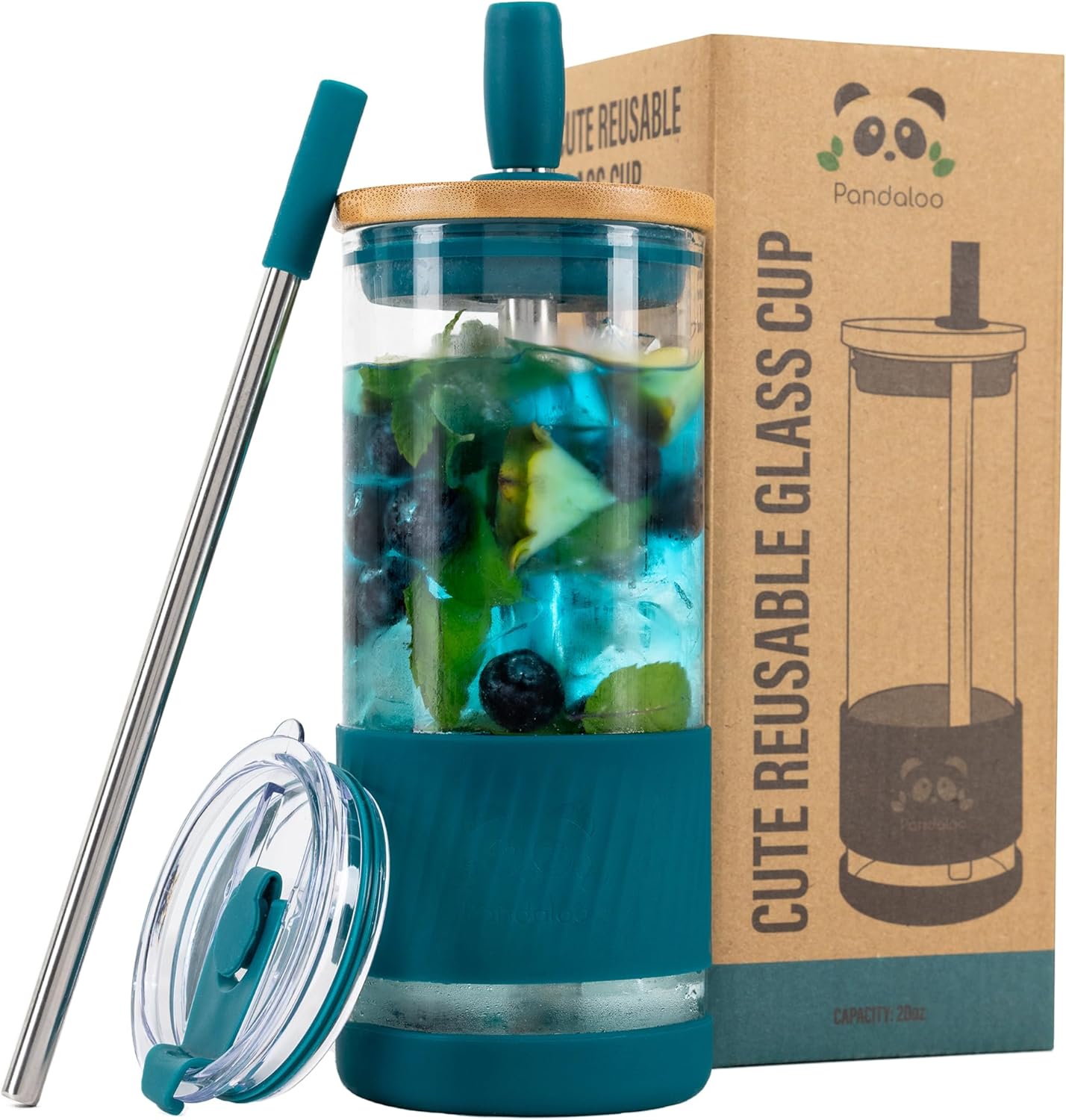 Pandaloo® Glass Cups With Lids and Straws -20 Fl Oz- Perfect Size Iced Coffee Cup - Smoothie Cup With Bamboo Lid and On the go Lid - Glass Tumbler With Straw (1 Count (Pack of 1), Lilac Rhapsody)