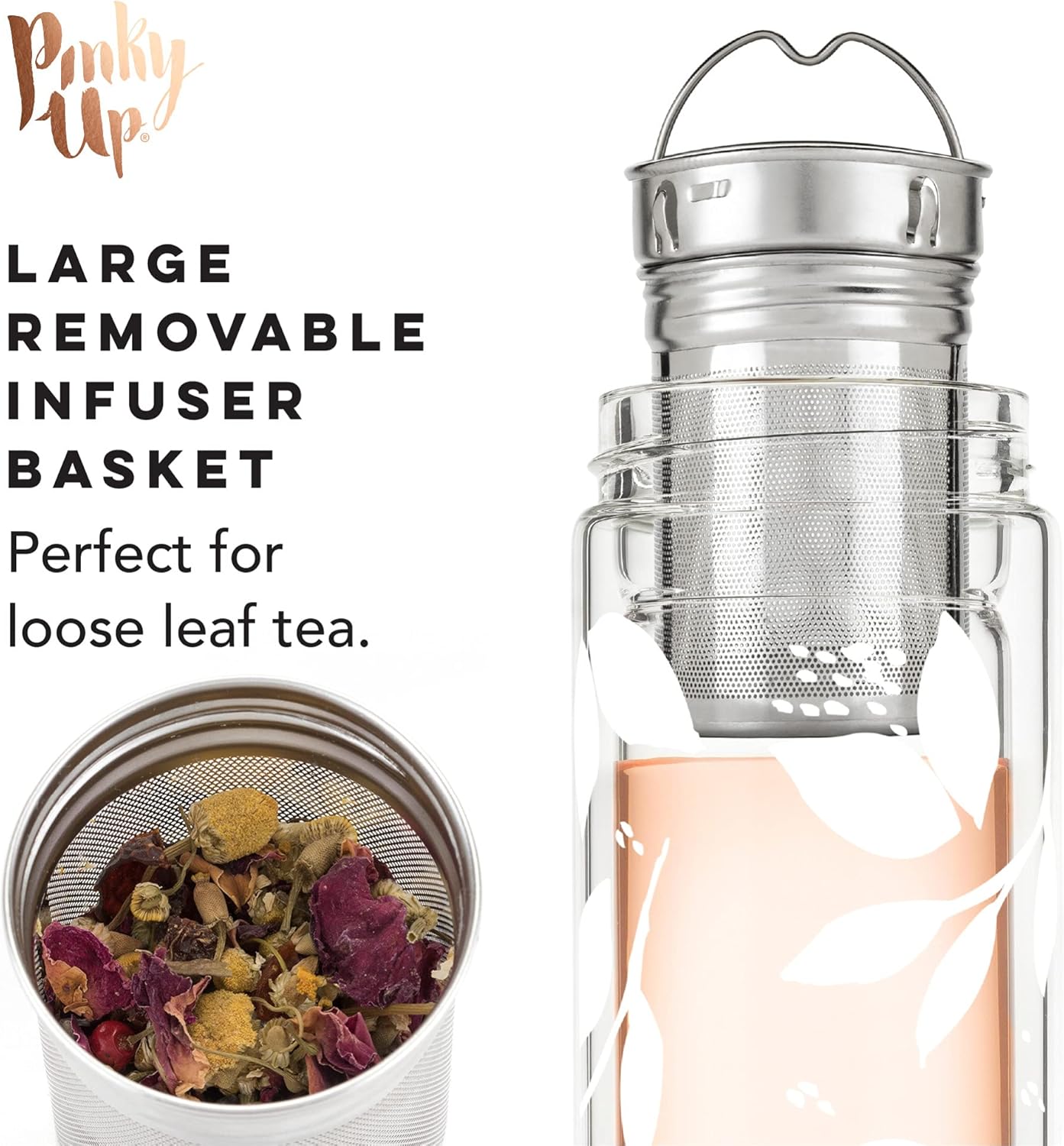 Pinky Up Blair Travel Tea Infuser Mug, Double Walled Insulated Travel Tumbler with Loose Leaf Tea Strainer, Travel Coffee Mug, Keeps Drinks Hot or Cold, 16 oz, White Leaf