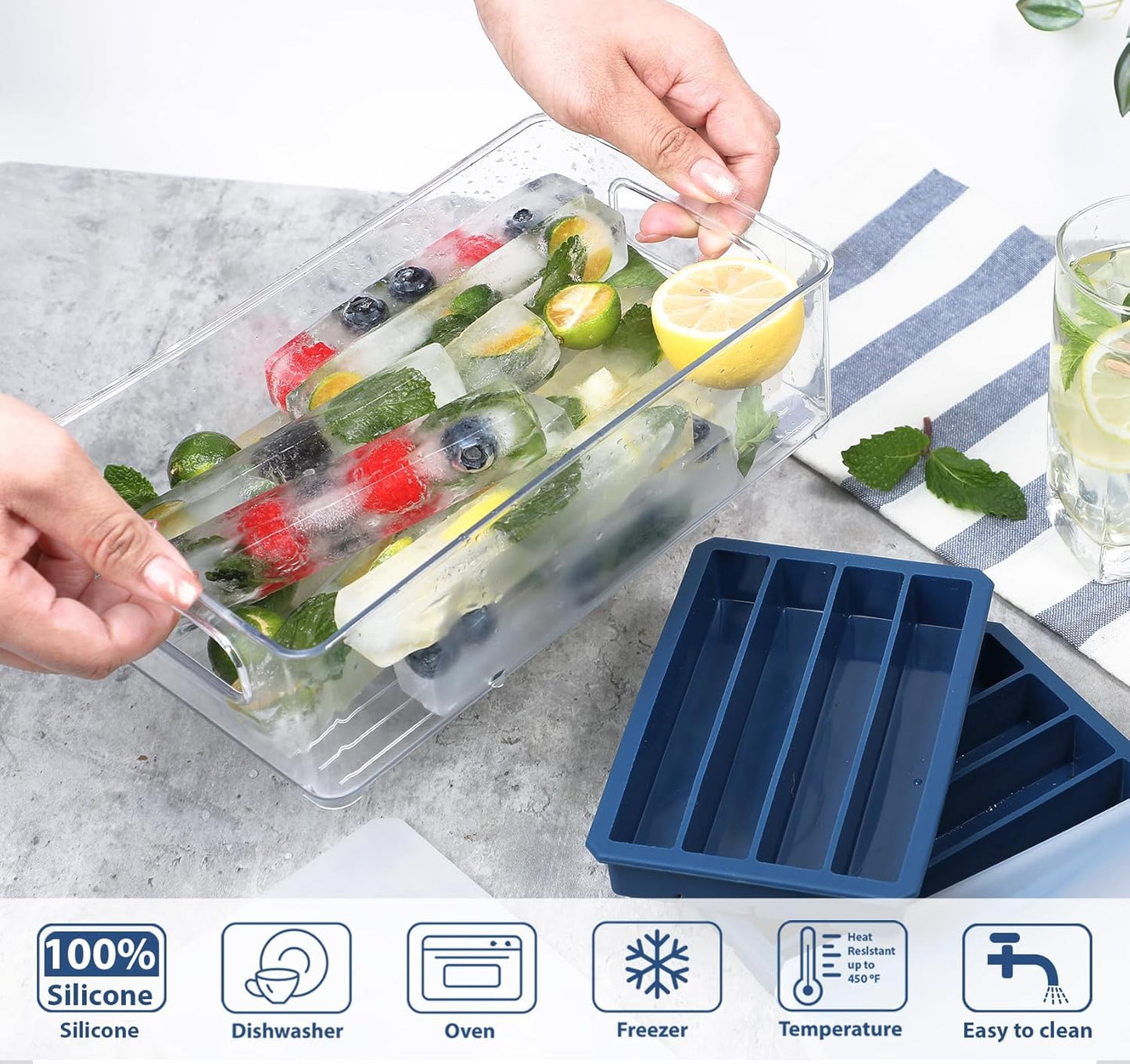 Webake Water Bottle Ice Cube Tray with Silicone Lids, 2 Pcs Long Ice Stick Molds - Stackable & Space-Saving, Perfect for Highball Drinks, Cocktail Parties & Sports Bottles
