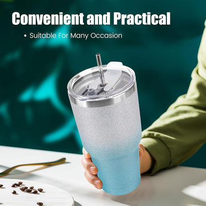 D·S 30oz Blue Tumbler Stainless Steel Double Wall Vacuum Insulated Mug with Straw and Lid, Cleaning Brush for Cold and Hot Beverages