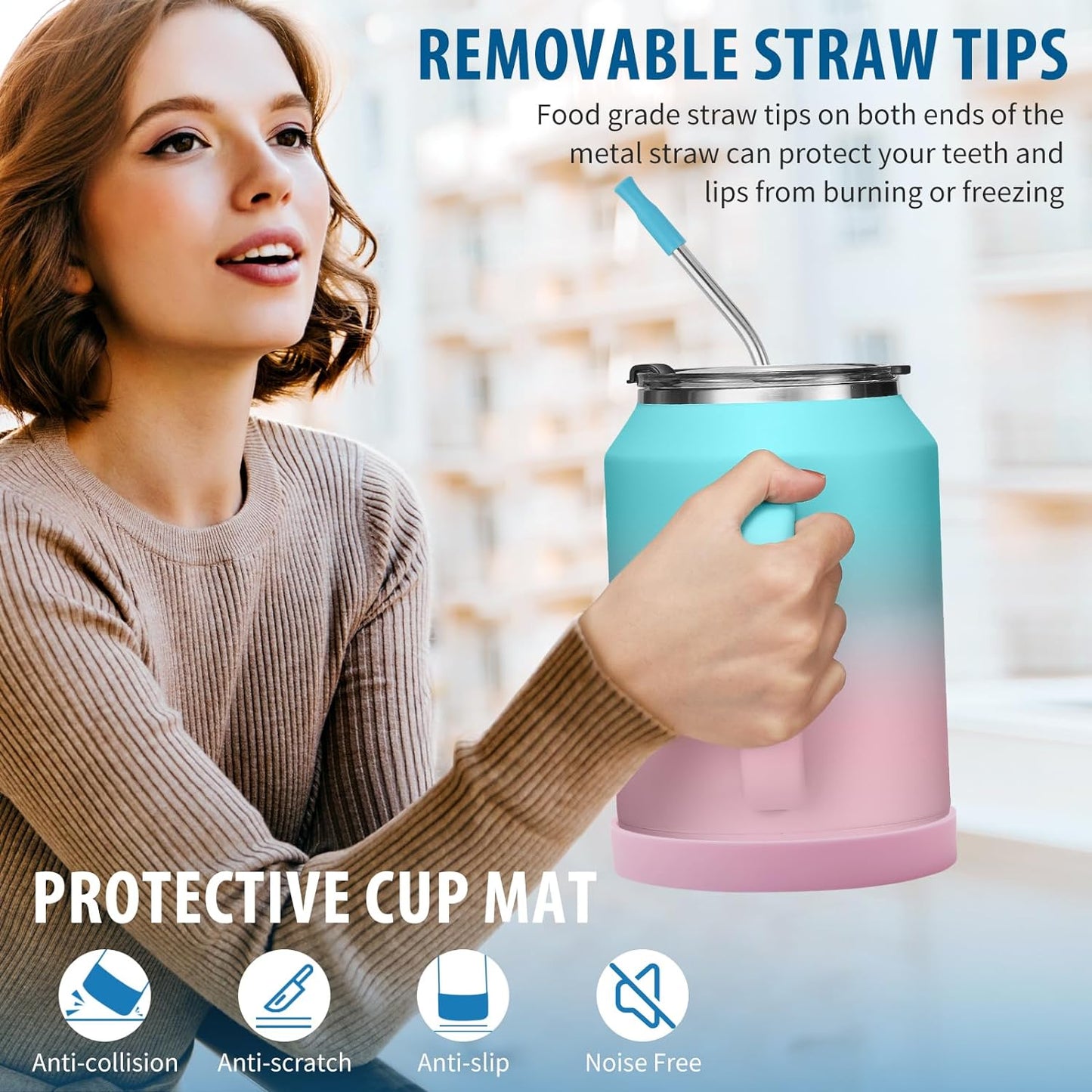50 oz Insulated Tumbler with Handle and Straw - Stainless Steel Double Wall Coffee Mug, 2-in-1 Lid Metal Water Bottle, 36H Cold 24H Hot Travel Hydro Cup Jug with Silicone Boot